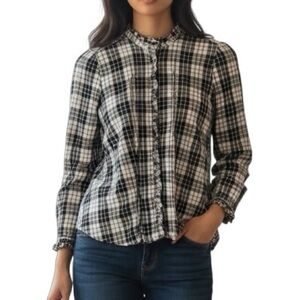 LOFT Ruffled Button Down Plaid Shirt - Medium Petite - Classic Casual